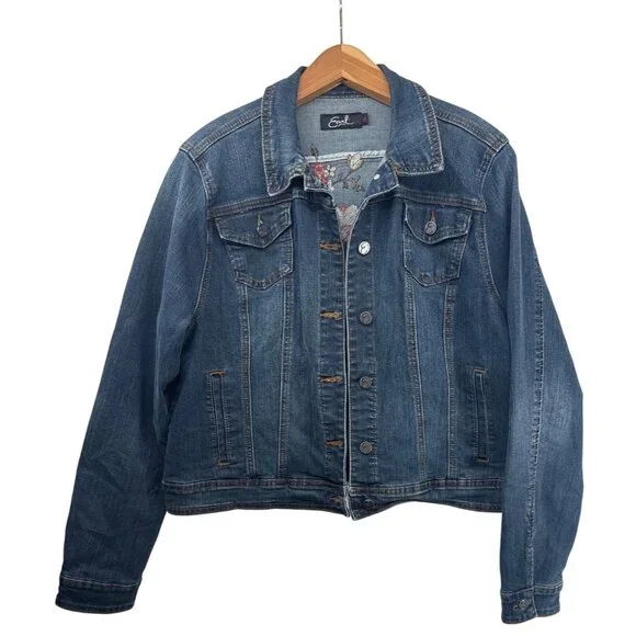Earl Jeans Womens Jacket XL Blue Denim Trucker Embroidered Boho Floral Festival - Picture 2 of 12